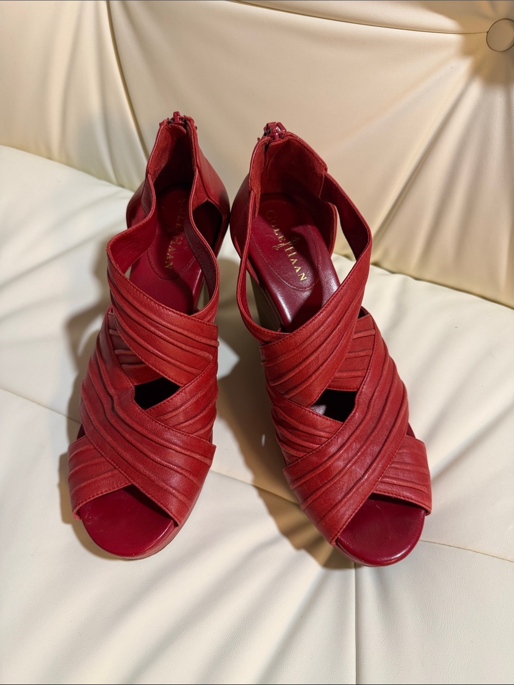 Cole Haan Red Crisscross Peep-Toe Heels wedge 8.5